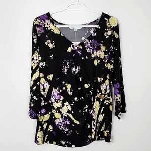 NWT Cleo Petites Top V Neck Black Abstract Purple Lime Floral Lightweight XL